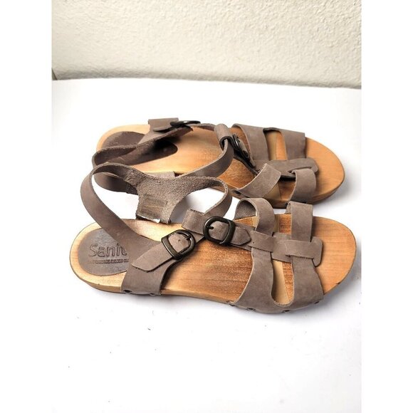 Sanita Taupe Ten Women’s Leather Wooden Sole Sandals Buckle Straps Size 38 US 7 - Picture 3 of 10